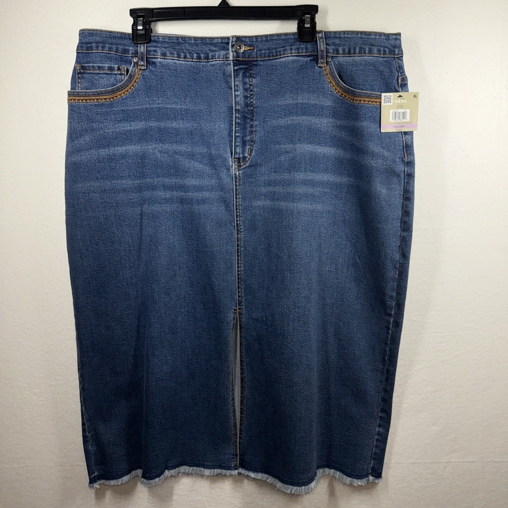John Mark Embroidered Front Slit Midi Denim Skirt Stretch Sz. 22W Frayed Hem NWT